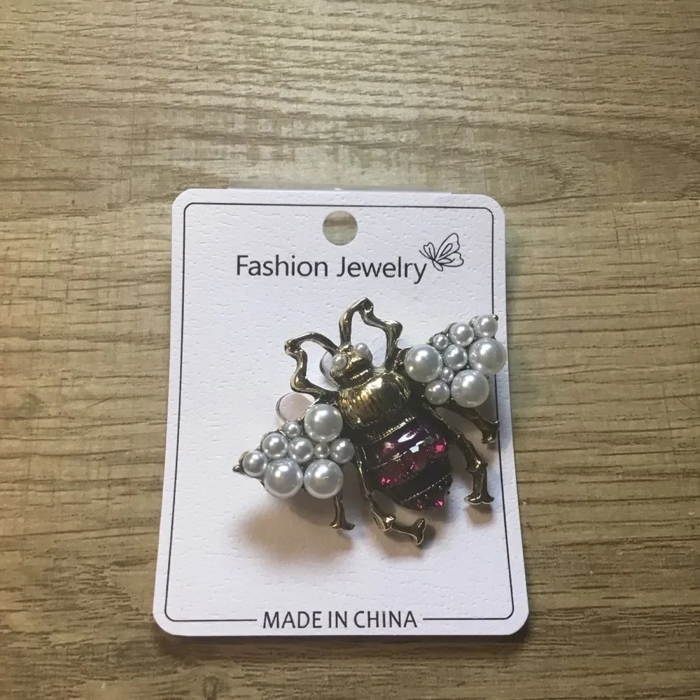 Gold Bee Brooch with White Pearls and Red Crystal Rhinestones